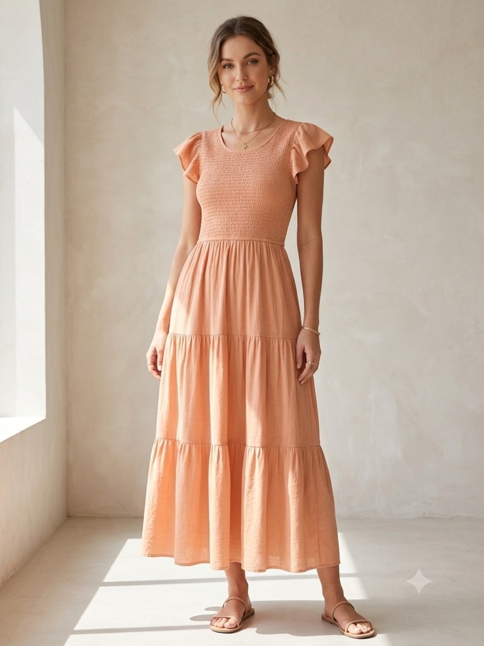 Peach Smocked Flutter-Sleeve Maxi Dress